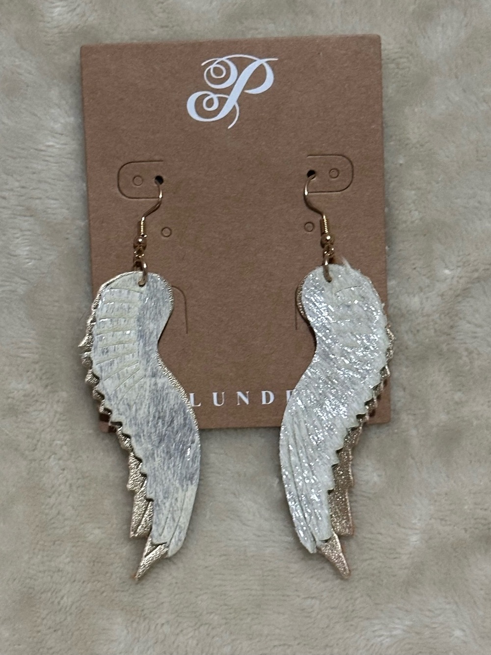 Wing Drop Earrings with Gold Tone Trim by Plunder
